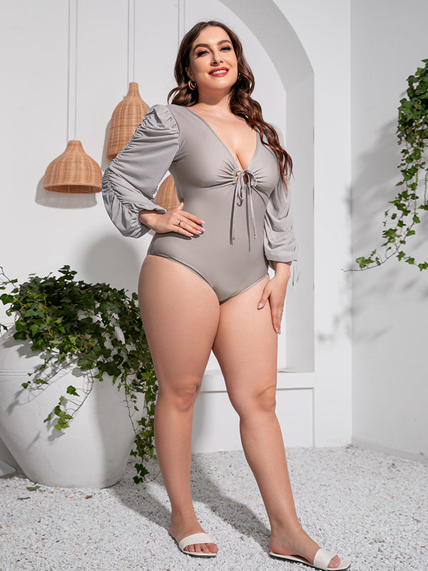 Plus Size Tied Deep V Balloon Sleeve One-Piece Swimsuit-Teresa's Fashionista LLC