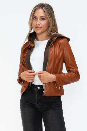 Snobbish Faux Leather Zip Up Drawstring Hooded Jacket - Teresa's Fashionista LLC