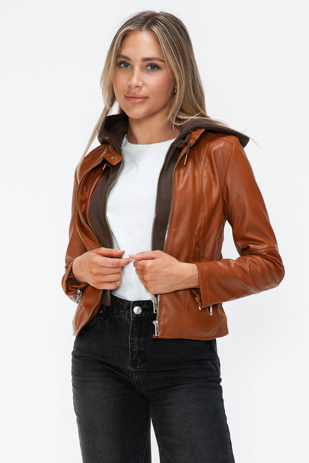 Snobbish Faux Leather Zip Up Drawstring Hooded Jacket - Teresa's Fashionista LLC