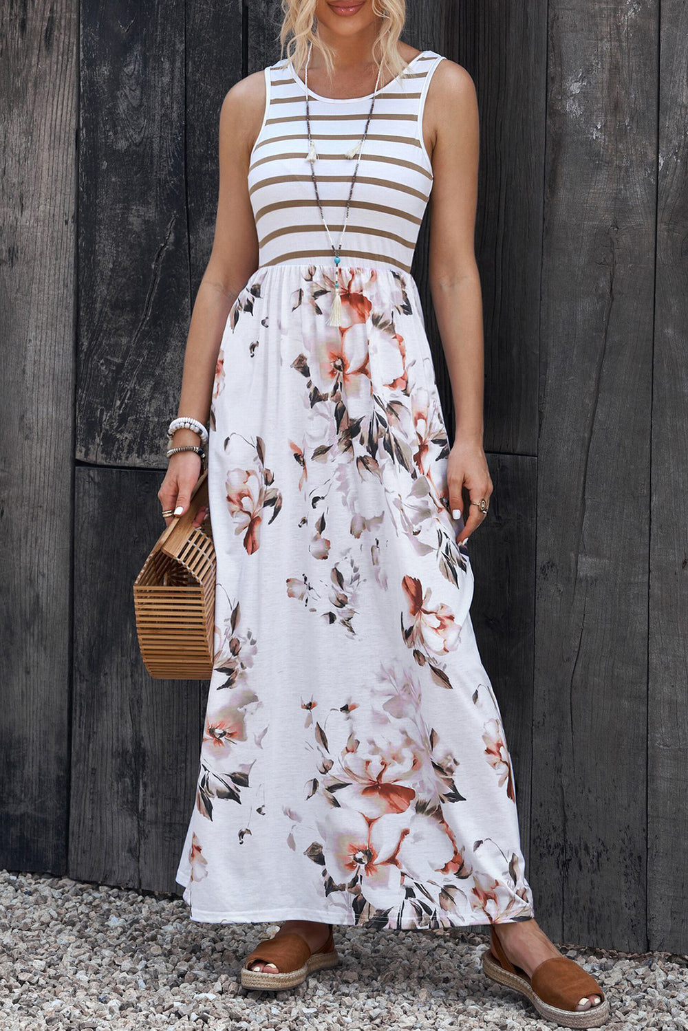 Striped Floral Round Neck Sleeveless Maxi Dress-Teresa's Fashionista LLC