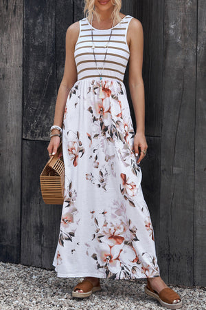 Striped Floral Round Neck Sleeveless Maxi Dress-Teresa's Fashionista LLC