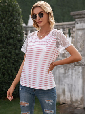 Lace Detail Striped V-Neck T-Shirt-Teresa's Fashionista LLC