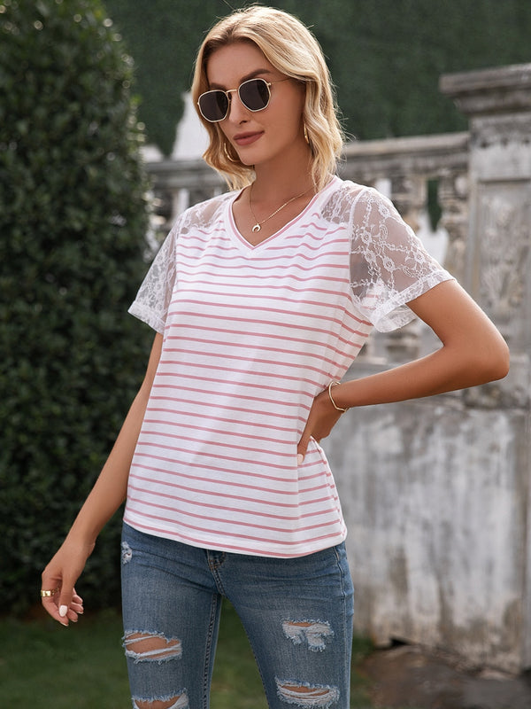 Lace Detail Striped V-Neck T-Shirt-Teresa's Fashionista LLC