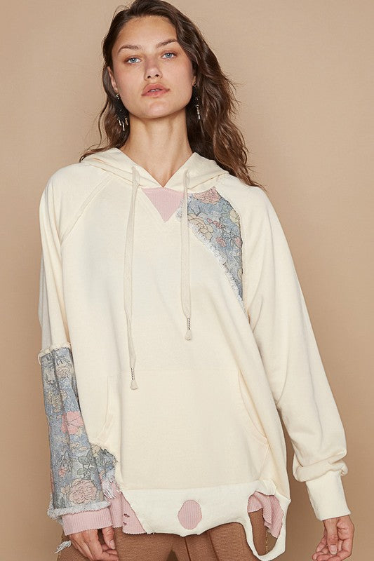 POL Floral Patchwork Distressed Drawstring Hoodie - Teresa's Fashionista LLC