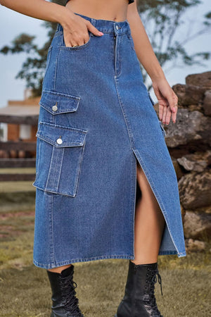 Slit Front Midi Denim Skirt with Pockets-Teresa's Fashionista LLC