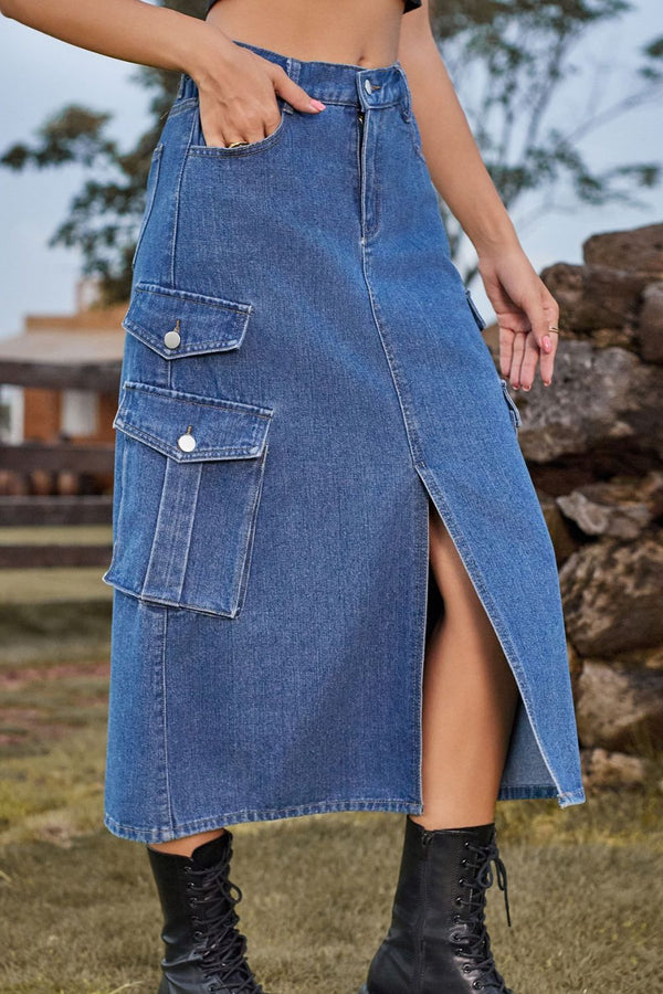 Slit Front Midi Denim Skirt with Pockets-Teresa's Fashionista LLC
