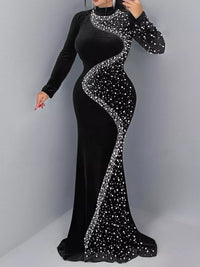 Rhinestone Embellished Velvet Mermaid Evening Maxi Dress