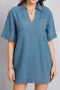 Pocketed Collared Neck Mini Denim Dress-Teresa's Fashionista LLC