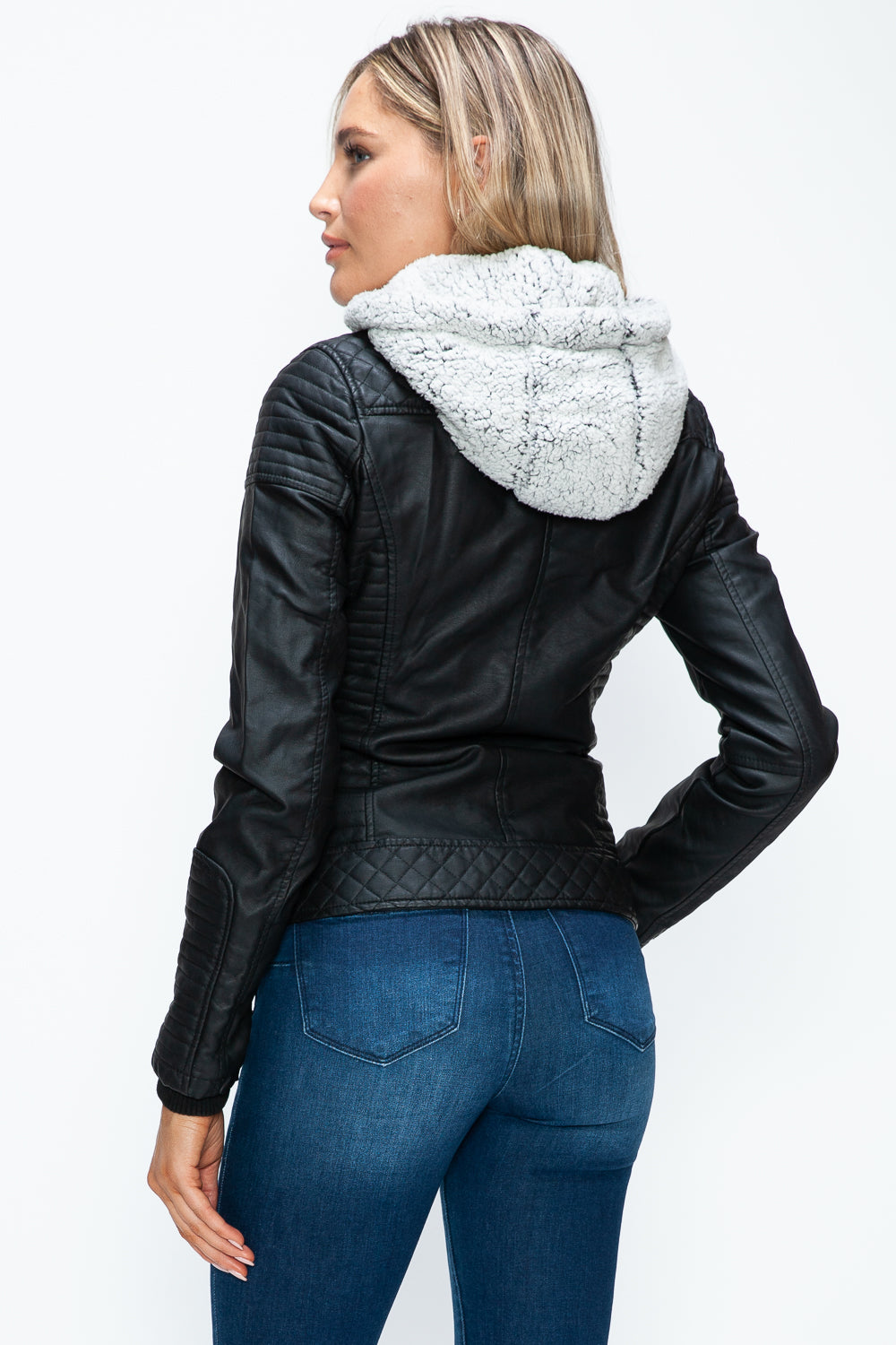 YMI Faux Layered Double-Zipper Jacket with Fuzzy Hood - Teresa's Fashionista LLC