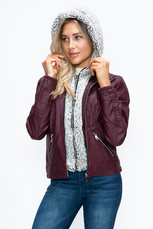 YMI Faux Layered Double-Zipper Jacket with Fuzzy Hood - Teresa's Fashionista LLC