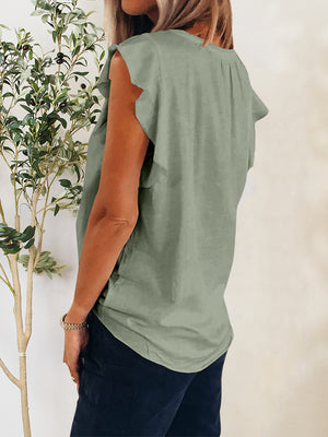 Ruffled Notched Cap Sleeve T-Shirt-Teresa's Fashionista LLC