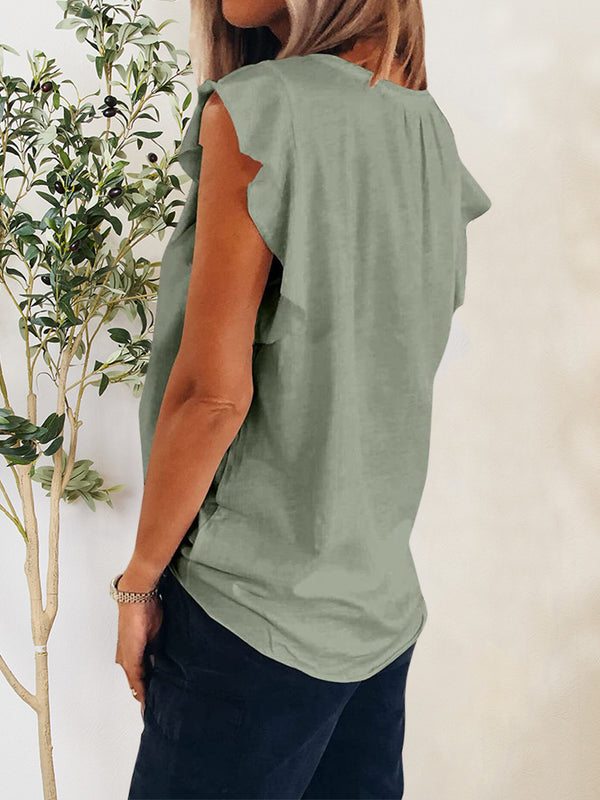 Ruffled Notched Cap Sleeve T-Shirt-Teresa's Fashionista LLC