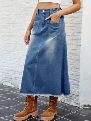 Raw Hem Buttoned Denim Skirt with Pockets-Teresa's Fashionista LLC