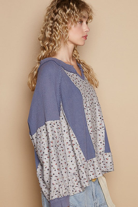 POL Waffle Knit Floral Notched Long Sleeve Top - Teresa's Fashionista LLC