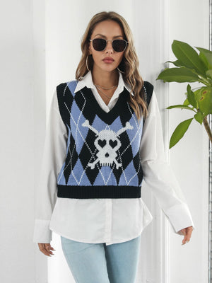 Skull Geometric V-Neck Sweater Vest - Teresa's Fashionista LLC