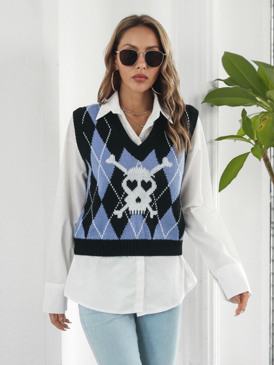 Skull Geometric V-Neck Sweater Vest - Teresa's Fashionista LLC