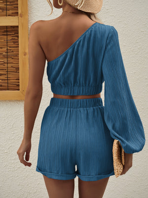 One Shoulder Long Sleeve Top and Shorts Set-Teresa's Fashionista LLC