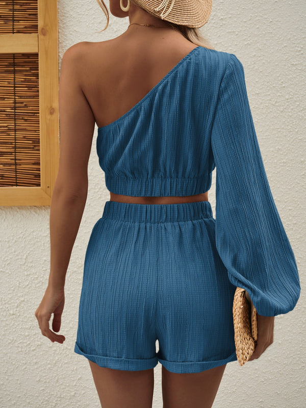 One Shoulder Long Sleeve Top and Shorts Set-Teresa's Fashionista LLC