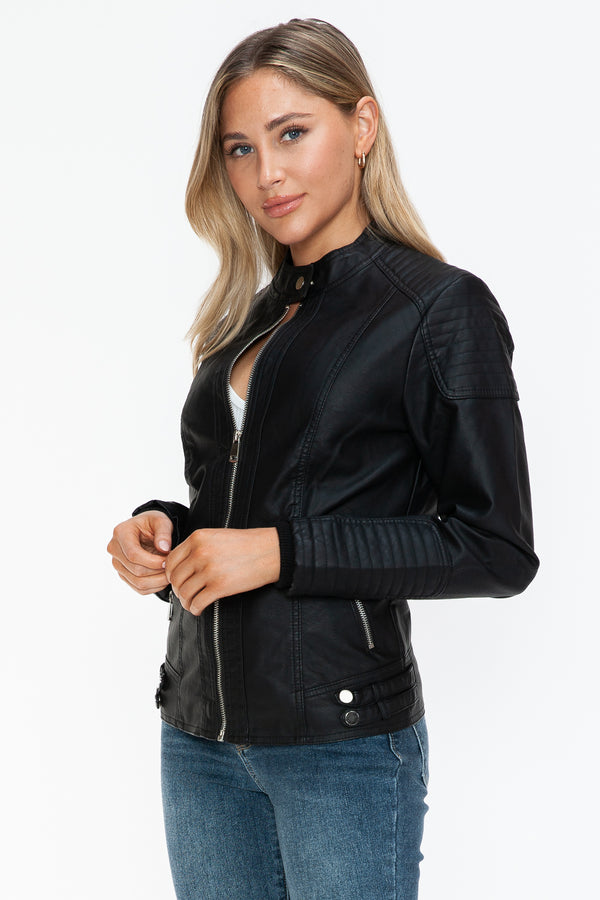 Snobbish Faux Leather Biker Jacket with Side Zip Pockets - Teresa's Fashionista LLC