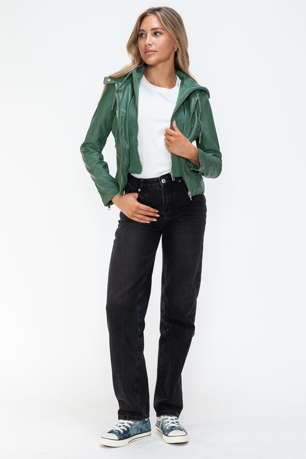 Snobbish Faux Leather Zip Up Drawstring Hooded Jacket - Teresa's Fashionista LLC