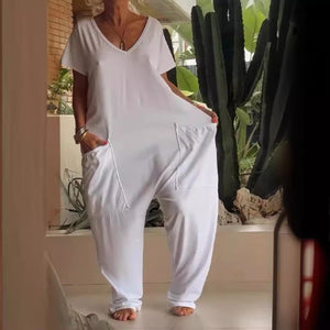 European And American Solid Color And V-neck Oversized Pocket Low-grade Jumpsuit - Teresa's Fashionista LLC