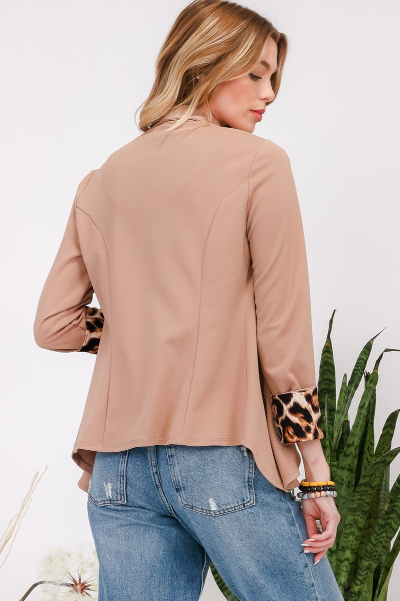 Celeste Full Size Rolled Leopard Cuff Open Front Blazer - Teresa's Fashionista LLC