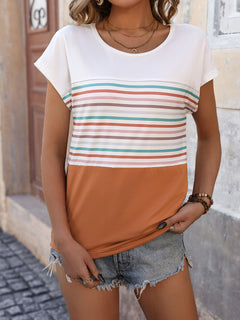 Striped Round Neck Short Sleeve T-Shirt-Teresa's Fashionista LLC