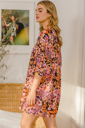 ODDI Full Size Floral Tied Neck Mini Dress-Teresa's Fashionista LLC