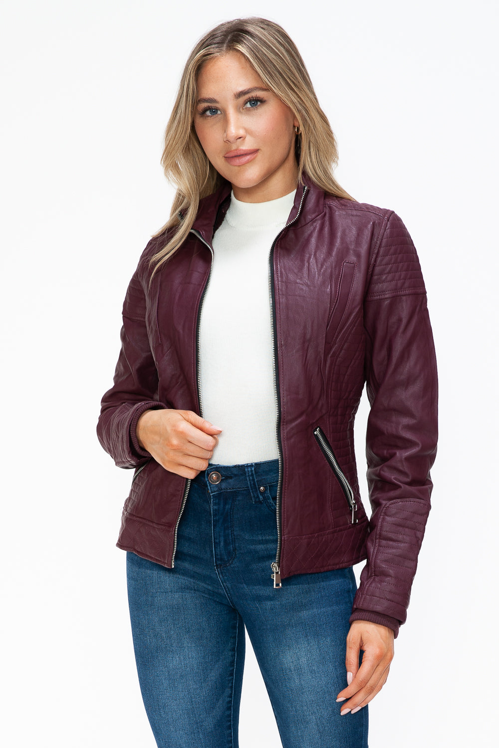 YMI Faux Layered Double-Zipper Jacket with Fuzzy Hood - Teresa's Fashionista LLC