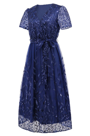 Sequin Leaf Embroidery Tie Front Short Sleeve Dress-Teresa's Fashionista LLC