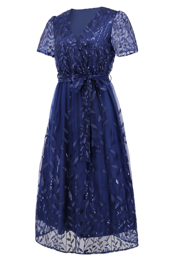 Sequin Leaf Embroidery Tie Front Short Sleeve Dress-Teresa's Fashionista LLC