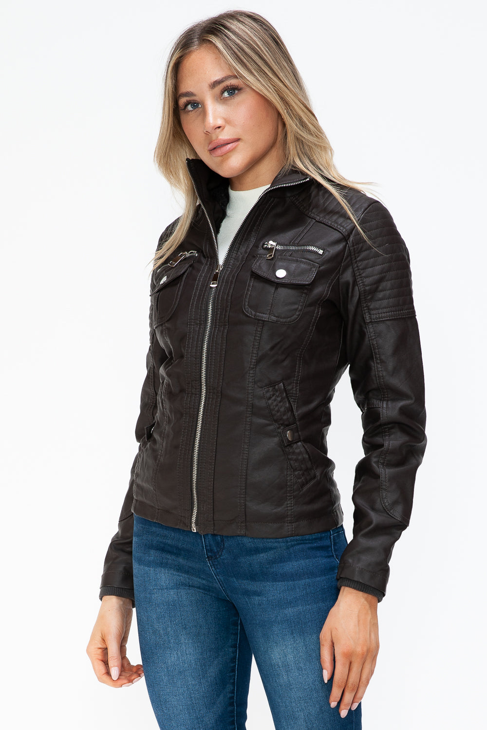 YMI Removable Faux Layered Multi-Pocket Jacket with Fuzzy Hood - Teresa's Fashionista LLC