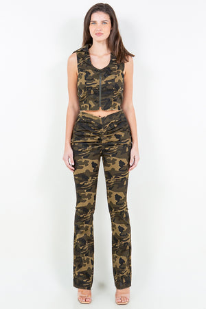 American Bazi V-Cut Ruched Camo Flare Pants - Teresa's Fashionista LLC
