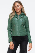Snobbish Faux Leather Zip Up Drawstring Hooded Jacket - Teresa's Fashionista LLC