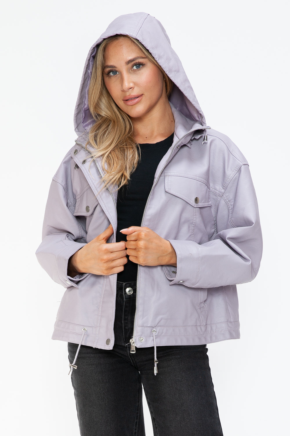 How Dare U Drawstring Hem PU Leather Zip Up Jacket - Teresa's Fashionista LLC