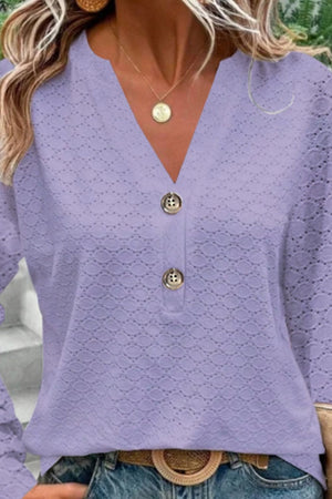 Eyelet Notched Long Sleeve T-Shirt-Teresa's Fashionista LLC