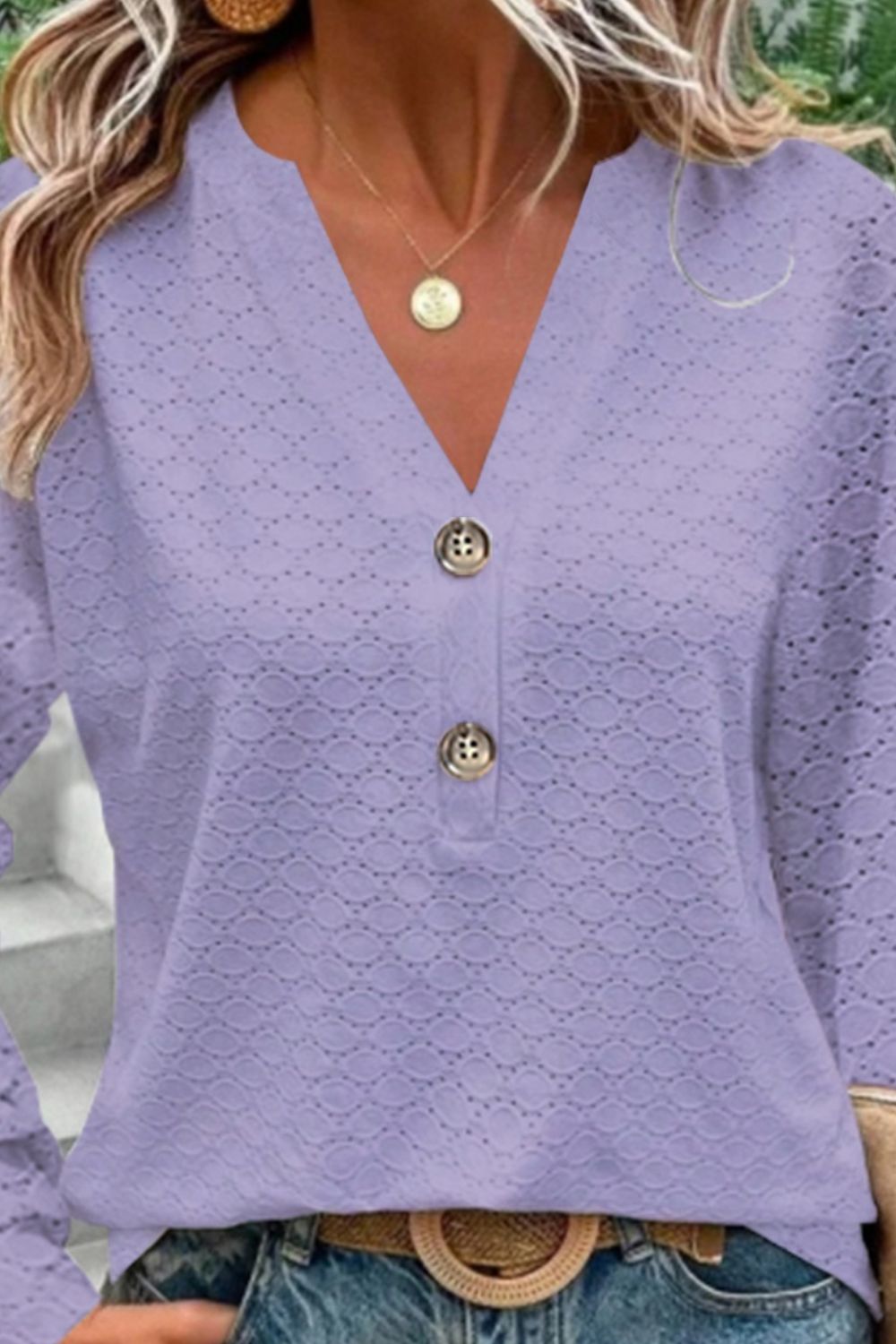 Eyelet Notched Long Sleeve T-Shirt-Teresa&#39;s Fashionista LLC