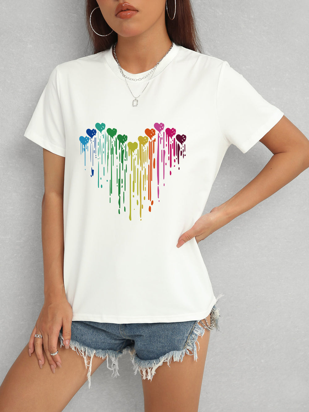 Heart Round Neck Short Sleeve T-Shirt-Teresa's Fashionista LLC