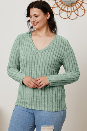 Basic Bae Full Size Ribbed V-Neck Long Sleeve T-Shirt-Teresa's Fashionista LLC