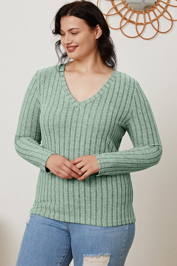 Basic Bae Full Size Ribbed V-Neck Long Sleeve T-Shirt-Teresa's Fashionista LLC