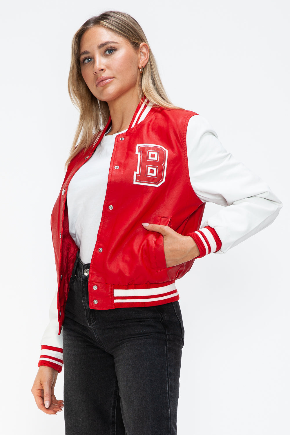 Love Me Now PU Leather Contrast Snap Down Bomber Jacket - Teresa's Fashionista LLC