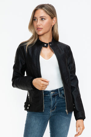 Snobbish Faux Leather Biker Jacket with Side Zip Pockets - Teresa's Fashionista LLC
