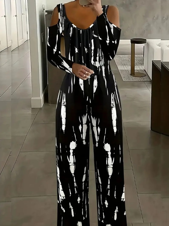 Women's V-neck Irregular Tie Dye Off Shoulder Fashion Jumpsuit - Teresa's Fashionista LLC