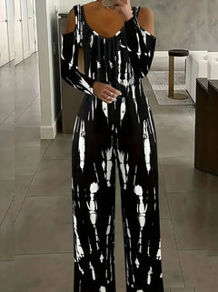 Women's V-neck Irregular Tie Dye Off Shoulder Fashion Jumpsuit - Teresa's Fashionista LLC