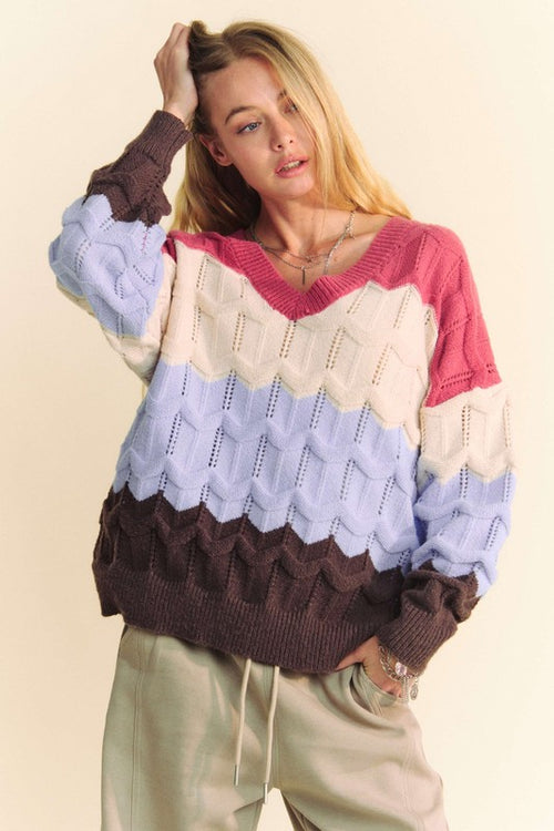 Davi & Dani Wavy Texture Color Block V-Neck Sweater - Teresa's Fashionista LLC