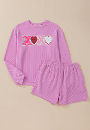 Valentine’s Day XOXO Heart Sequin Corded Long Sleeve Top and Shorts Set - Teresa's Fashionista LLC