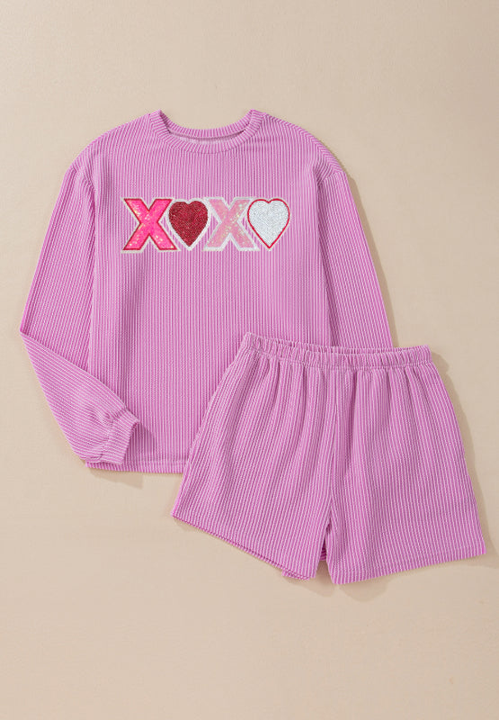 Valentine’s Day XOXO Heart Sequin Corded Long Sleeve Top and Shorts Set - Teresa's Fashionista LLC
