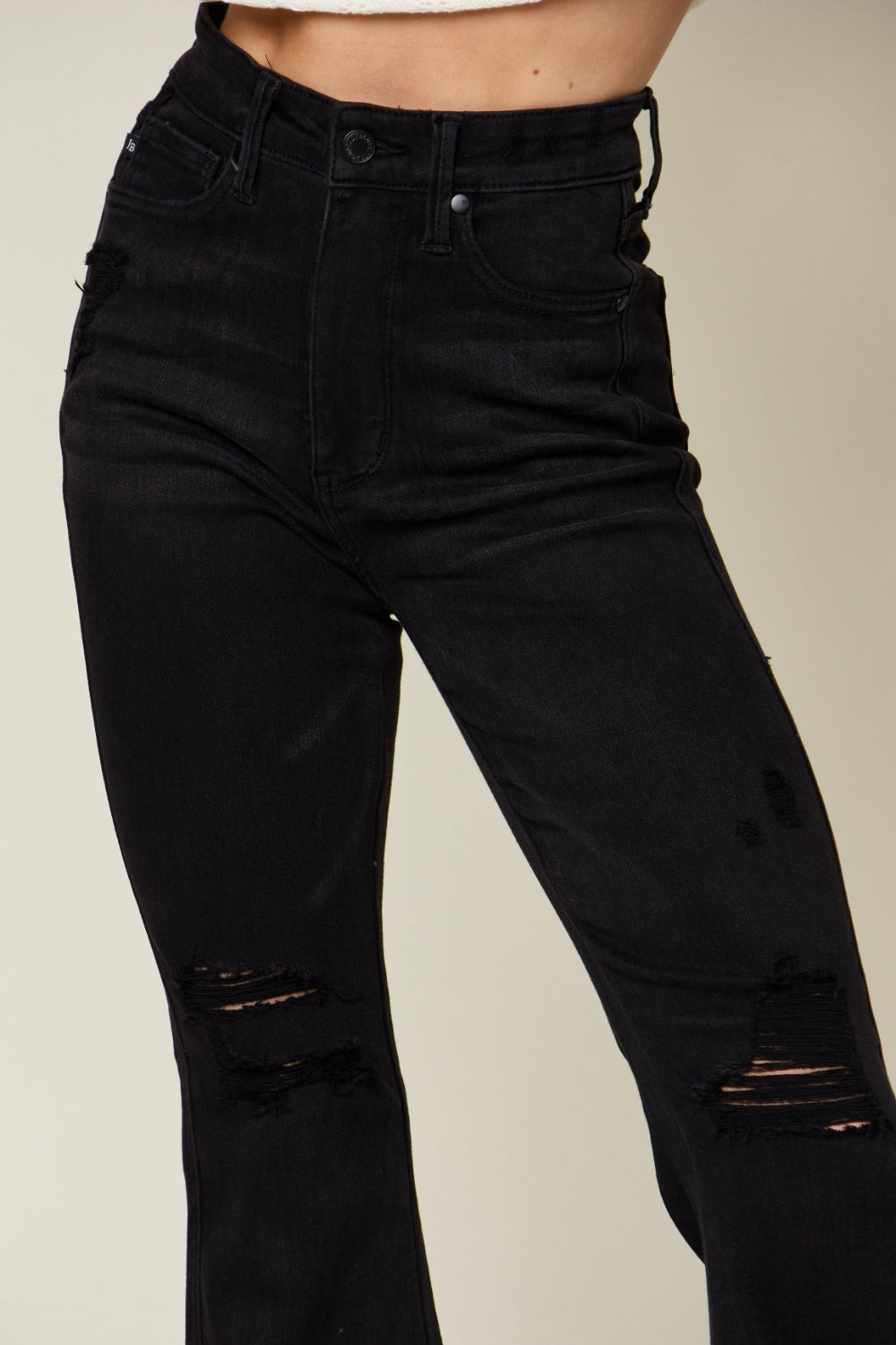 Judy Blue Full Size High Waist Distressed Flare Jeans-Teresa&#39;s Fashionista LLC