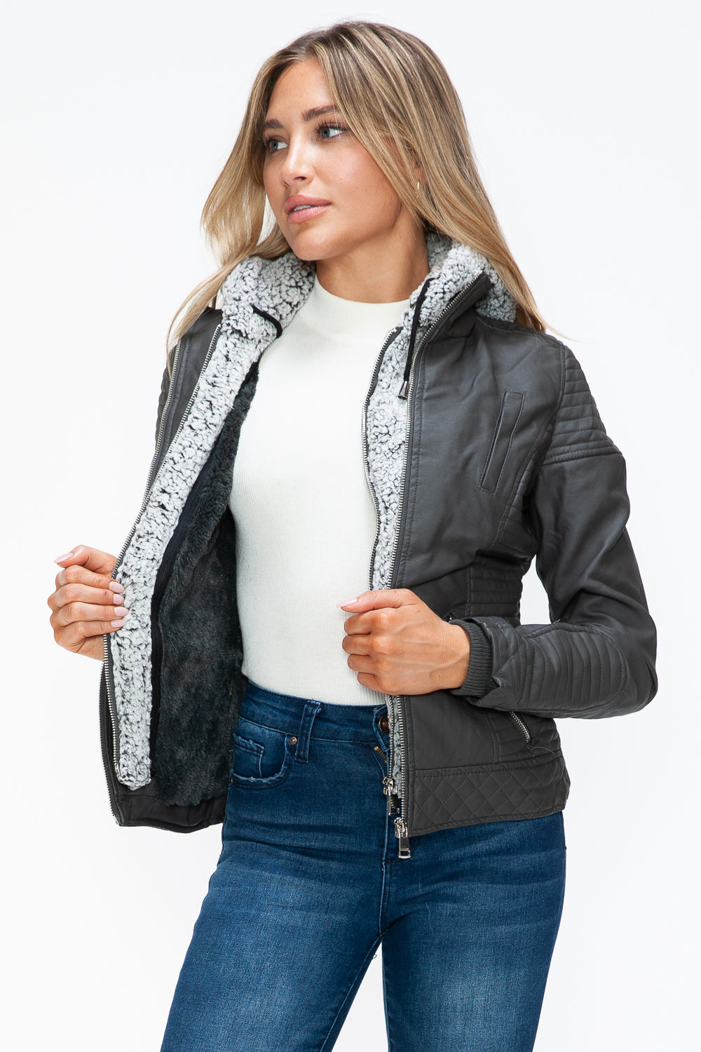 YMI Faux Layered Double-Zipper Jacket with Fuzzy Hood - Teresa's Fashionista LLC