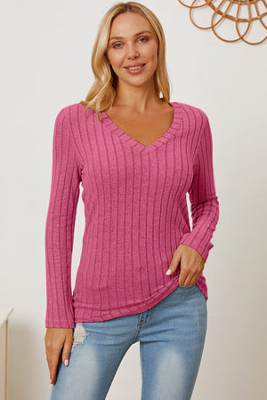 Basic Bae Full Size Ribbed V-Neck Long Sleeve T-Shirt-Teresa's Fashionista LLC